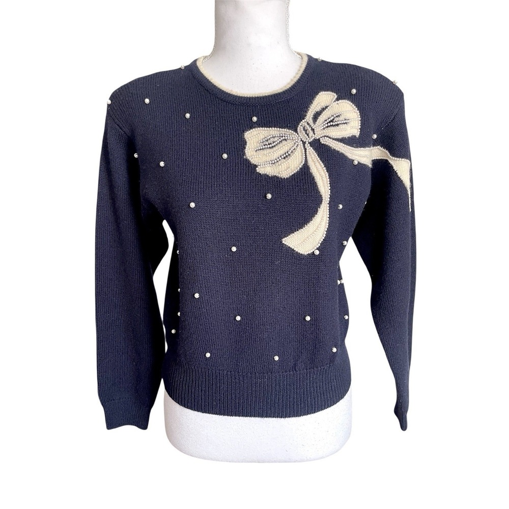 Vintage Liz‎ Claiborne 100% Wool Navy Bow Pearl Navy Novelty Sweater Coquette